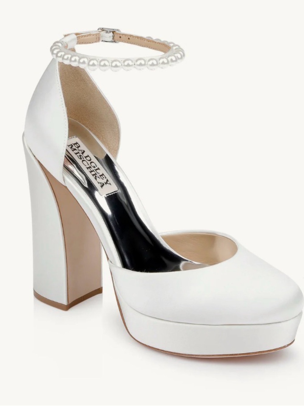 Badgley Mischka White Pearl-Ankle Platform Pumps